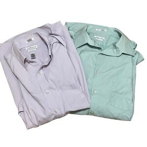 VANHEUSEN 2 Mens Long Sleeve Dress Shirts Purple Mint Green Regular Fit 17-32/33